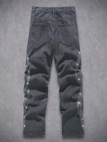 Manfinity Homme Quần jeans dáng suông màu xám bạc, phong cách đường phố trẻ trung, năng động, đính pha lê lấp lánh, thích hợp cho mùa xuân và hè. - Xám - Xem 2
