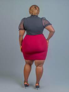 CurvyTilda Plus Size Women Solid Color Ruched Elegant Bodycon Skirt, For Hourglass Body Shape - Burgundy - View 5