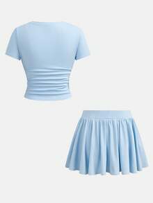 SHEIN Girlism 夏季少女修身T恤半裙套装（2件套），新款蓝色纯色短袖T恤搭配不透半裙，百搭实用，适合日常通勤、优雅派对、家庭聚会、毕业典礼、度假等场合。 - 淺藍色 - 查看 2