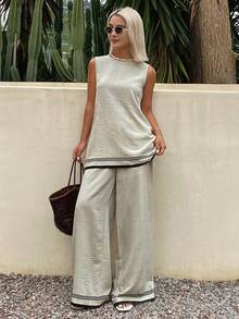 Livesso Women's Sage Green Round Neck Camisole And Pants Casual 2 Pieces Set Vacation Summer - Apricot - View 5