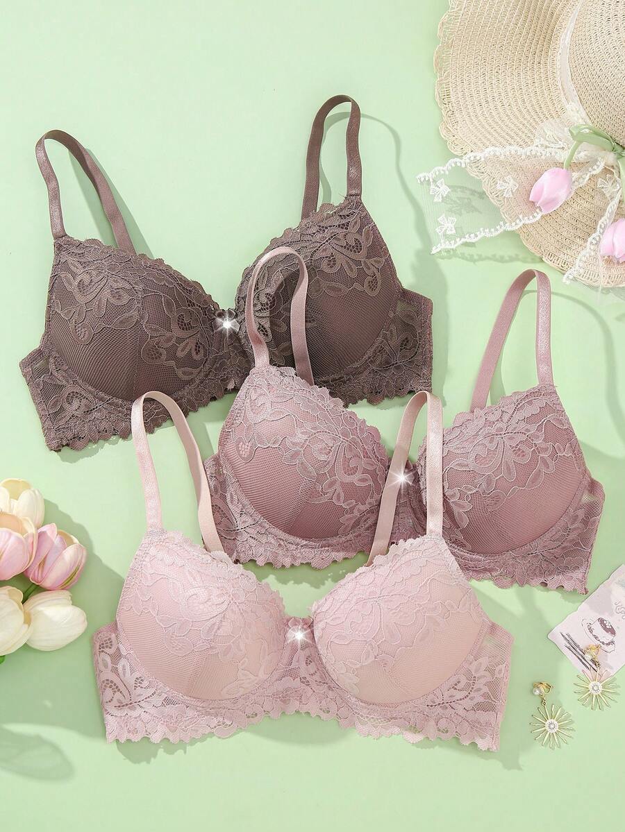 DesireSculpt Bộ 3 áo ngực ren có gọng dành cho nữ, thích hợp làm quà tặng ngày Valentine. - Nhiều màu - Xem 1