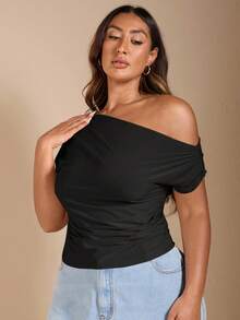 SHEIN BAE Áo thun nữ cỡ lớn tay ngắn hở vai màu đen - màu đen - Xem 5