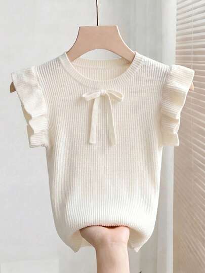 Franclia Blusa elegante y versátil de cuello redondo con mangas de volantes con mariposa y decoración de lazo, top de punto lindo, top de verano