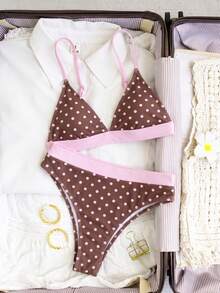 Swim Mod Women's Summer Vacation Beach Polka Dot Print Spaghetti Strap Bikini Set - Multicolor - View 5
