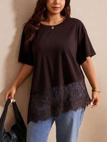 Elaquor Plus Size Summer Minimalist Contrast Lace Asymmetric Hem Short Sleeve T-Shirt - Coffee Brown - View 6