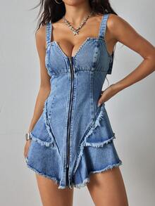 SHEIN ICON 女士前拉链迷你牛仔吊带裙 - 中等水洗藍 - 查看 5