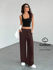SHEIN PETITE Quần nỉ ống rộng dệt kim màu trơn thoải mái và giản dị dành cho nữ - Cà phê nâu - Xem 6
