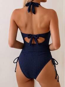 Swim Lushoire Traje de baño de una pieza de color azul marino sólido para vacaciones de verano y uso casual en la playa para mujeres, conjunto de traje de baño con textura y atar al cuello - Azul Marino - Ver 2