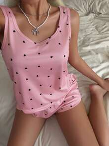 SHEIN Casual Underwear&Sleepwear 女士休闲针织吊带背心和短裤睡衣套装，心形印花 - 彩色 - 查看 5