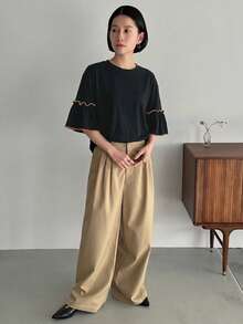 FRIFUL Women's Casual Contrast Color Pleated Daily Wear T-Shirt - Black - View 5