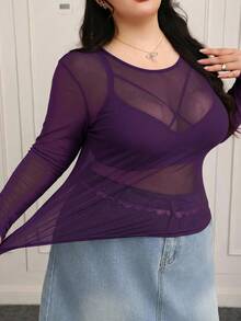 CovetEZ Plus Size Sheer Basic Top, Purple - Purple - View 8