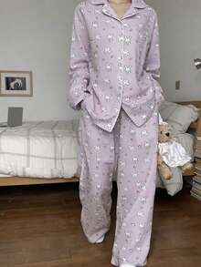 DAZY 2pcs Cute Rabbit Print Full-Print Long Sleeve Long Pants Pajama Set, Women Spring Sleepwear Outfit - Mauve Purple - View 4