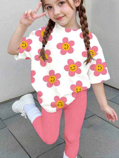 Vintage Cute Smiling Floral Print, Face, Large Flower Pattern, Chill Chill, Baby & Kids Graphic, Young Girls Casual Short Sleeve Top And Leggings 2-Piece Set, Cute Summer Outfits, Summer Kids Items, Summer Outing Items, Korean Style, Easy Comfort, Stylish Kids, Y2K, Kawaii, Party, Everyday, Vacation, Cute, Comfy, Summer 2026, Cottagecore, Weekend Casual, Family Outing, Photoshoot Outfits