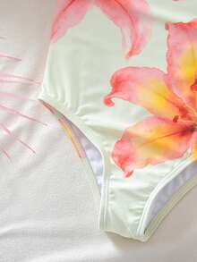 SHEIN Traje de baño de una pieza con estampado floral y volantes para niña joven - Multicolor - Ver 7