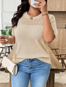 EMERY ROSE Große Größen Lässig Bluse mit Rundhalsausschnitt und kurzen Ärmeln mit Cut-Out-Muster - Aprikosenfarben - Übersicht 3