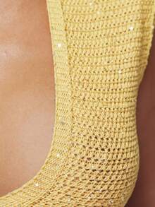 MUSERA Crochet Knit Plunge Front Short Sleeve Crop Top Spring Summer Ibiza Festival Holiday Vacation Cute Sexy Y2k Night Out Club Tropical Seduction - Yellow - View 6