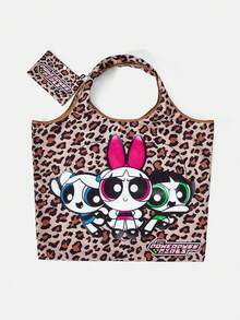 THE POWERPUFF GIRLS X SHEIN 1 Piece, Leopard Print Love Little Policewoman Pattern Folding Shopping Bag, Large-Capacity Waterproof Tote Bag. - Multicolor 1 - View 3