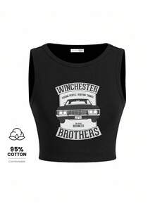 Supernatural X SHEIN Women's Letter & Car Print Slim Fit Black Tank Top Suitable For Going Out - Black - View 1