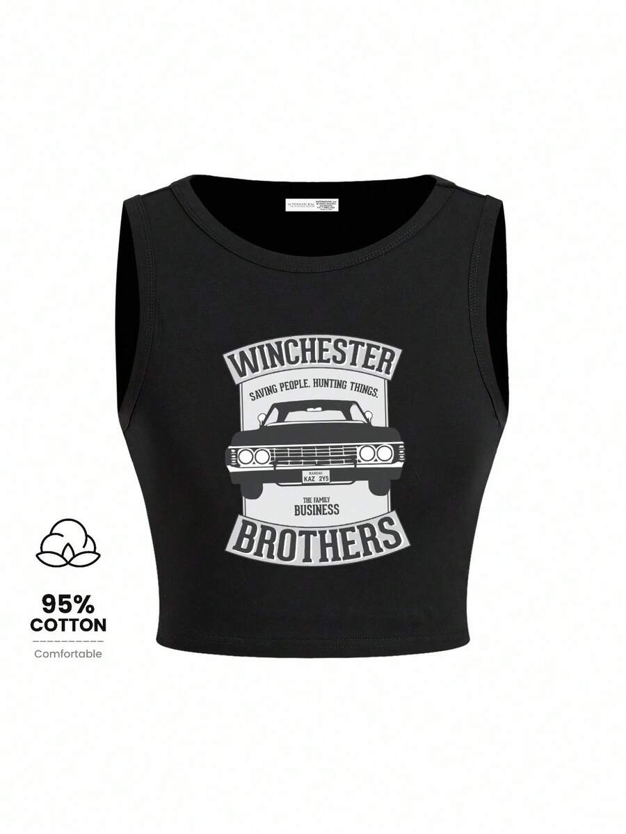 Supernatural X SHEIN Women's Letter & Car Print Slim Fit Black Tank Top Suitable For Going Out - Black - View 1