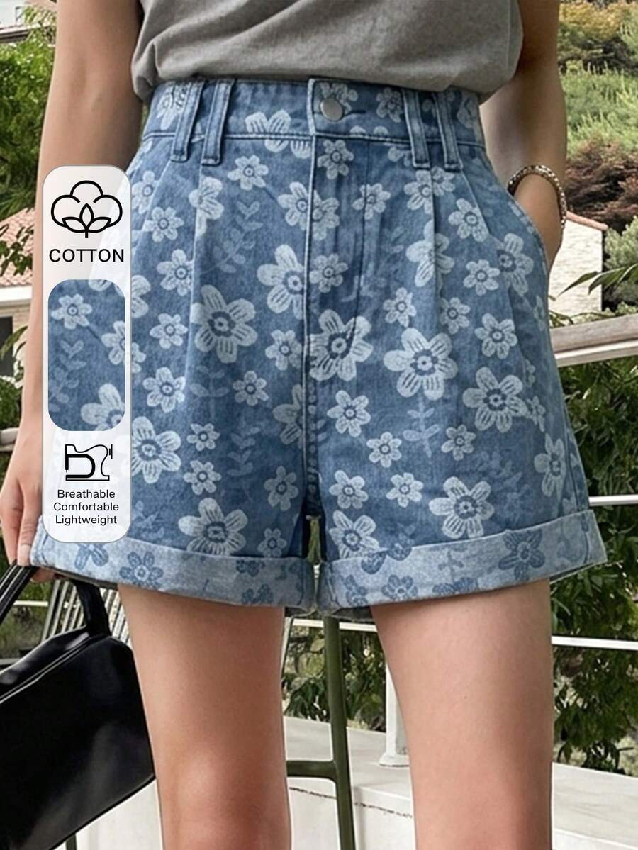 DAZY Pantalones cortos rectos de mujer con estampado floral lavado retro, adecuados para primavera, verano, playa y estilo callejero - Lavado ligero - Ver 1
