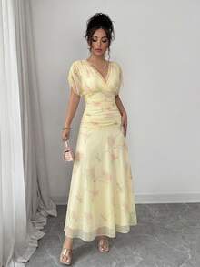 Elenzga Vestido de malla rosa claro con estampado de peonía con forro, adecuado para eventos formales, fiestas, citas de San Valentín para edades de 20 a 35+ años (estampado floral aleatorio) - Amarillo claro - Ver 4