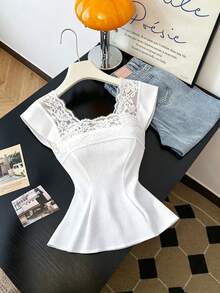 Modelyn White Floral Square Collar Lace Patchwork Textured Open Back Slim Fit Elegant Romantic Sexy Blouse For Women Garden Party Tea Party Wedding Summer - White - View 6