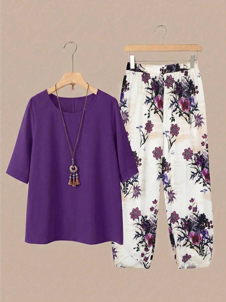 SHEIN LUNE CURVE Plus Size Women Summer Casual Daily Round Neck Printed Short Sleeve Top And Elastic Waist Pants 2 Pieces Set - Purple - View 1