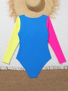 SHEIN Traje De Baño De Una Pieza Para Niña Adolescente Con Diseño Cruzado Y Bloques De Color - Azul - Ver 2