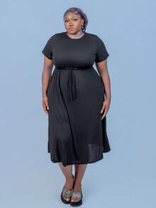CurvyTilda Damen Kleid in Große Größen, Sommer Outfit leok, einfarbig, mit Taillengurt, A-Linie (mit Taschen), langarm - Schwarz - Übersicht 4