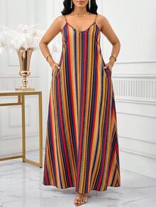 SHEIN Lady 女士撞色休闲派对吊带长裙 - 彩色 - 查看 4