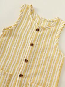 SHEIN Bộ 2 món cho bé sơ sinh, áo liền quần và mũ kẻ sọc dễ thương, kiểu dáng thường ngày, thích hợp cho bé trai hoặc bé gái, thích hợp mặc mùa hè. - Nhiều màu - Xem 5