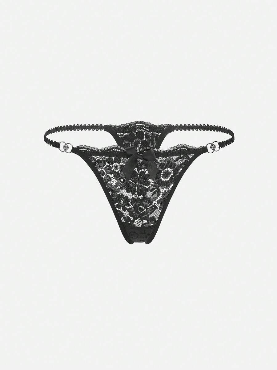 Bella Beso Tanga de lencería sexy con detalles de lazo y encaje floral - Negro - Ver 1