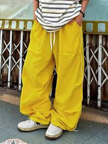 Manfinity Roghcode Men's Letter Print Versatile Cargo Pants, Straight Leg Casual - Yellow - View 2