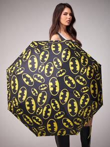 BATMAN X SHEIN 1把印有Logo的黑色UV涂层雨伞，UPF 50+防晒，适合学校、工作、户外活动和日常使用，专为大学生、高中生、男女设计，正义联盟主题，酷炫十足。 - 黑黃色 - 查看 2