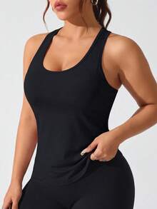 Easithlete Top deportivo de tirantes anchos de unicolor para mujer de talla grande - Negro - Ver 3
