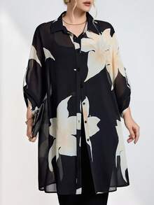 Chikora 大尺碼女款花卉印花單排扣長袖襯衫，黑色夏季優雅度假風，適合派對、婚禮賓客、正式假日場合 - 彩色 - 查看 7