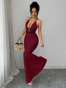 Rafferiza 女士纹理紧身吊带连衣裙，性感度假/约会之夜装扮，黑色滚边，春夏款 - 酒紅色 - 查看 5