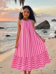 SHEIN Vestido holgado de halter a rayas fucsia informal y cómodo para niña preadolescente, estilo hawaiano de playa y vacaciones, conjunto a juego madre-hija - Rosa Fucsia - Ver 1