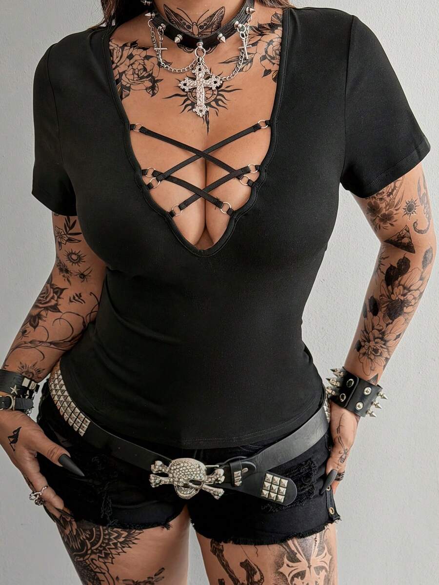 Whyspr Áo thun cổ chữ V dây rút thiết kế phối vải gợi cảm phong cách Gothic phương Tây, dáng ôm, hở vai, thích hợp mặc đi chơi, phù hợp cho mùa xuân, hè, thu. - màu đen - Xem 1