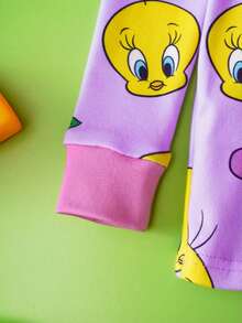LOONEY TUNES X SHEIN Conjunto de pijama de ajuste ceñido con camiseta de manga larga y pantalones con estampado de Tweety Bird y cerezas, diseño lindo y dulce para niña bebé - Morado - Ver 8