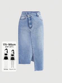 SHEIN Tall 女士高腰开衩牛仔中长裙，休闲夏季优雅外出穿搭，时尚百搭，带口袋，拉链设计，不对称下摆，夏季牛仔裙 - 淺色水洗藍 - 查看 1