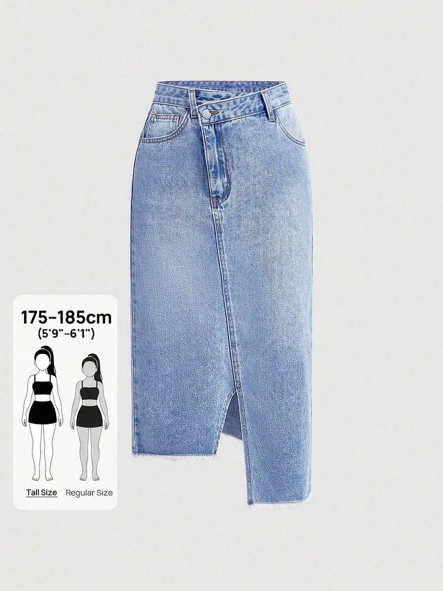 SHEIN Tall 女士高腰开衩牛仔中长裙，休闲夏季优雅外出穿搭，时尚百搭，带口袋，拉链设计，不对称下摆，夏季牛仔裙 - 淺色水洗藍 - 查看 1