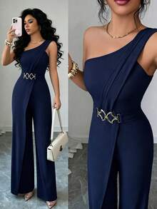 Elenzga Jumpsuit Wanita Warna Polos untuk Pakaian Kasual Sehari-hari - Navy Blue - View 8