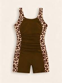 SHEIN Tween Girls' Summer Vacation Beach Leopard Print Ruffle One-Piece Swimsuit - Coffee Brown - View 1