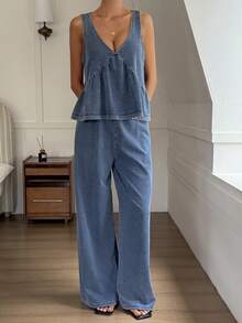 Livesso Bộ đồ denim 2 mảnh dành cho nữ, màu xanh cổ điển, gồm áo hai dây và áo sơ mi denim, quần ống đứng, thích hợp cho công sở và đi nghỉ mát, mùa xuân và hè. - Màu xanh lam - Xem 4