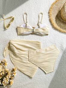 Tween Girls' Apricot Textured Metal Button Bikini Swimsuit Set With Mini Skirt - Beige - View 2
