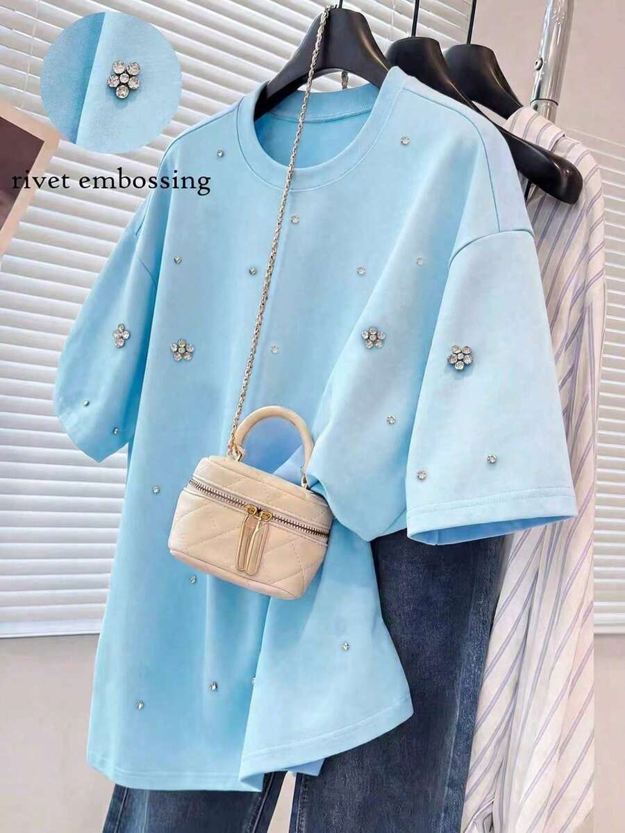 Franclia Nueva camiseta holgada casual con decoración de strass para mujeres - Celeste - Ver 1