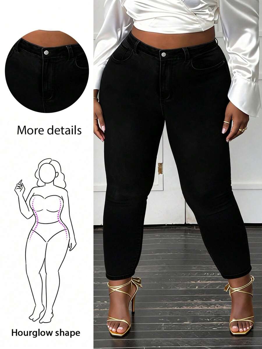 CurvyTilda Plus Size Women's Solid Color Simple Daily Jeans, For Hourglass Body Shape - Black - View 1