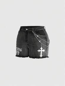 ROMWE Goth 哥特字母和十字架印花装饰加大码紧身牛仔短裤 - 黑色 - 查看 6