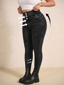 Elaquor Plus Size Casual High Waist Slim Fit Washed Jeans For Women,Dark Blue Winter Casual Night Out Club Y2K Leopard Print Cargo Denim Wide Leg Baggy Pants - Black - View 3